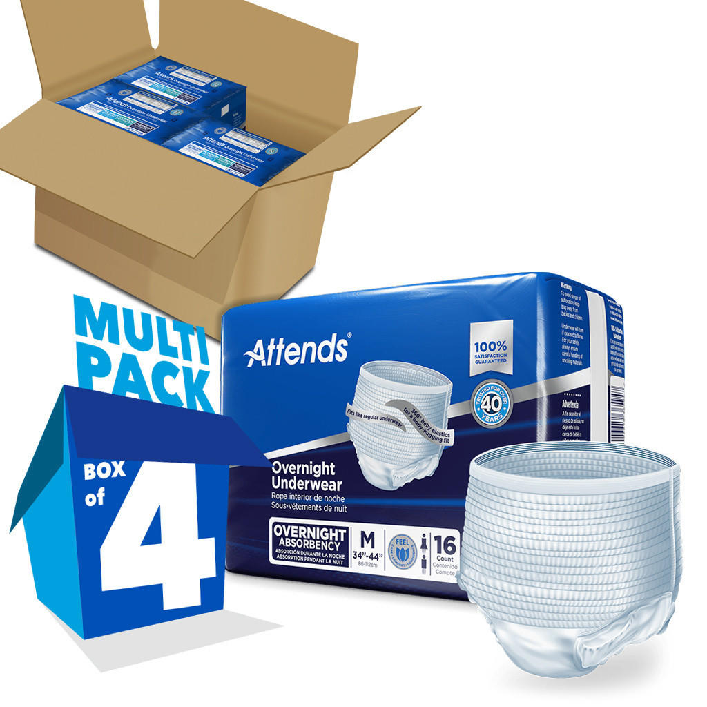 A 4-box multipack of Attends Overnight Underwear, size medium by Attends, is shown. Each box contains 16 heavy absorbency adult underwear for overnight protection. An opened pair is displayed in front of the packaging.