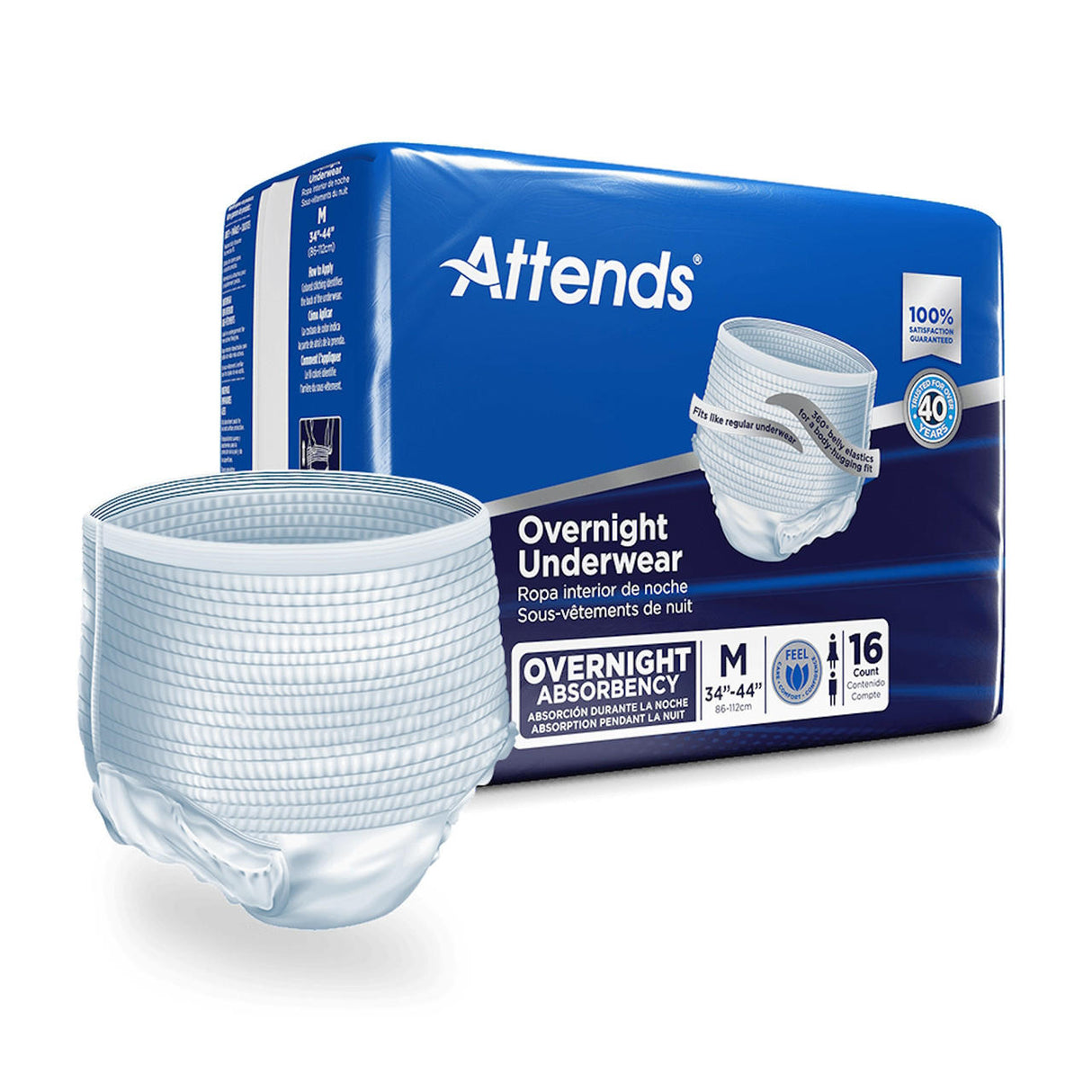 Attends Overnight Underwear, medium size, offers heavy absorbency and a secure fit. This package includes 16 disposable incontinence underwear from the Attends brand, with product details highlighted on the packaging.