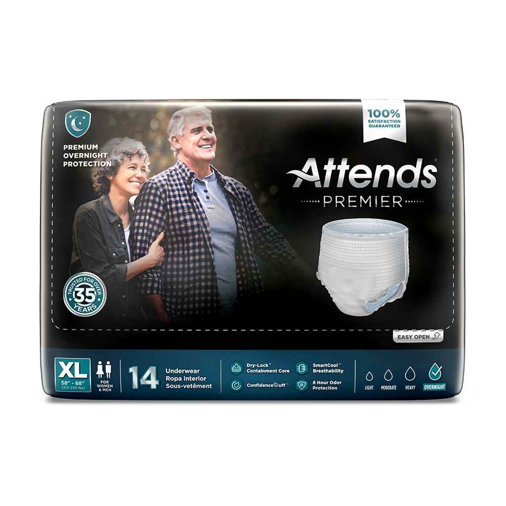 Package of Attends Premier Pull-Up Absorbent Underwear by Attends, size XL, with 14 pieces. The packaging shows a smiling older couple and highlights super-absorbency for overnight comfort and protection, plus an image of the product.