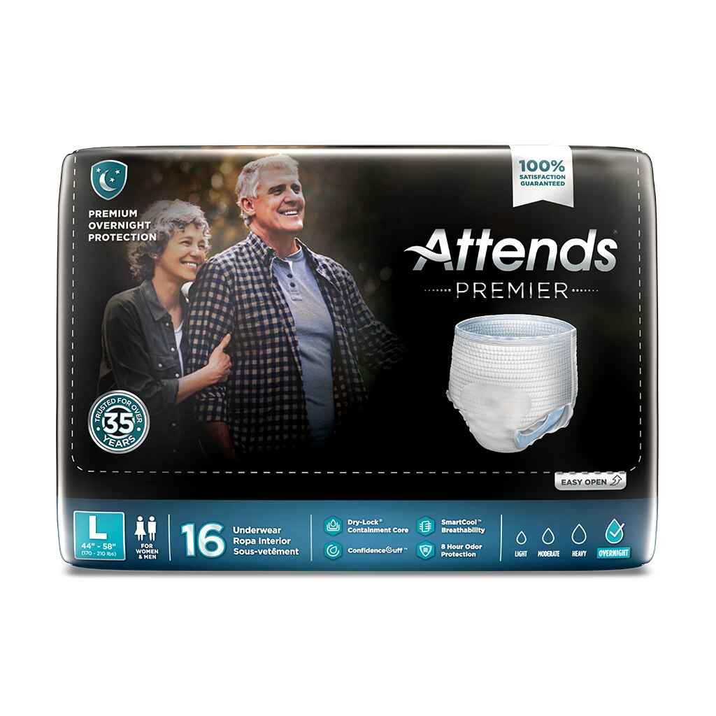 A package of Attends Premier Pull-Up Absorbent Underwear by Attends features a smiling older couple and highlights super-absorbent protection for heavy incontinence, overnight use, size large, 16 count, with a 100% guarantee.