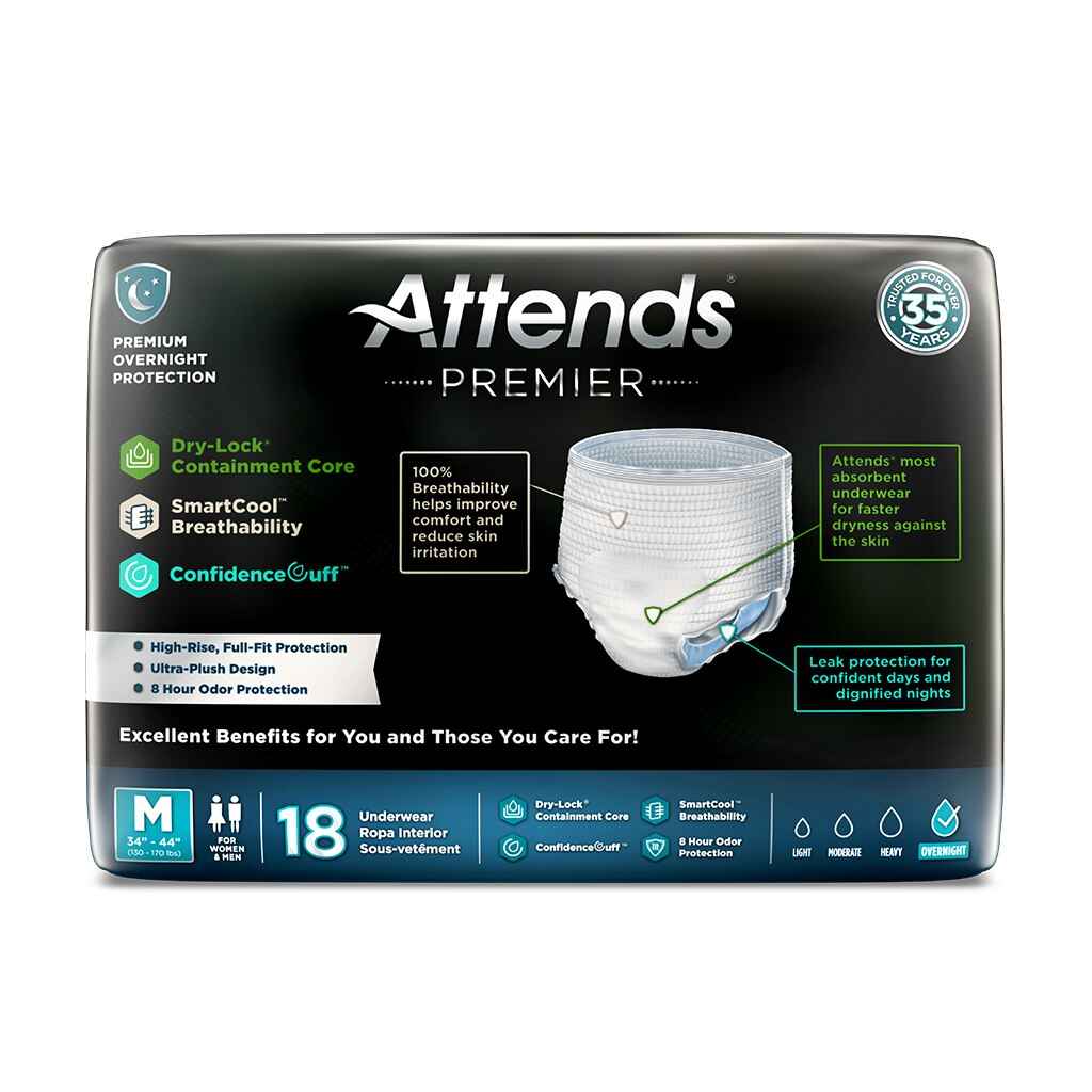 Attends Premier Pull-Up Absorbent Underwear by Attends, size medium, 18-count pack. Features include overnight protection, odor control, comfort, and skin health benefits for adults.