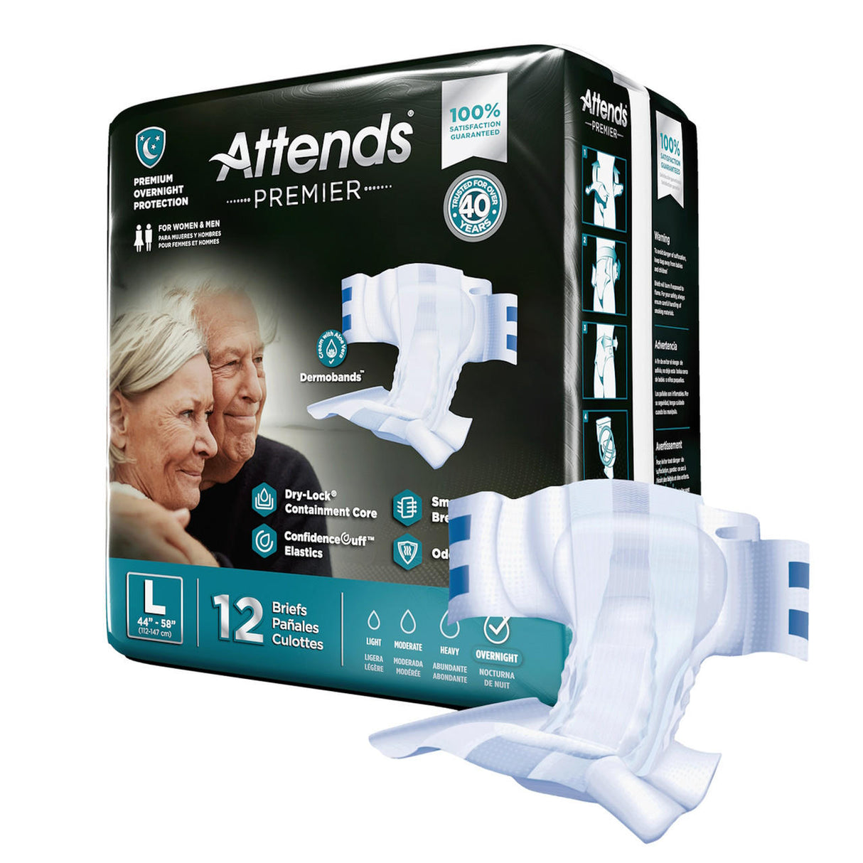 A package of Attends Premier Tab-Style Briefs by Attends features a smiling elderly couple and highlights overnight, maximum absorbency briefs with Dry-Lock core, ConfidenceCuff elastics, and large size (44-58); one brief is shown in front.