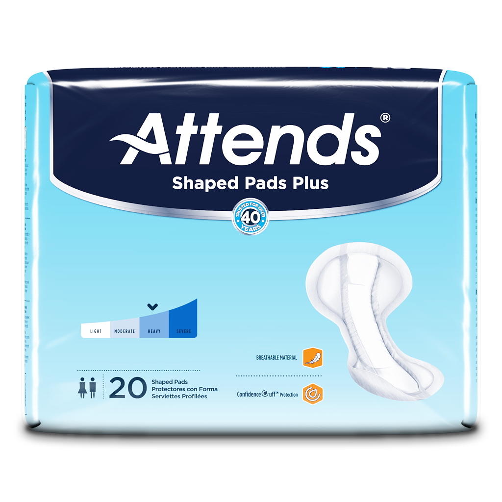 Attends Shaped Pads Plus by Attends offers 20 contoured pads for moderate to heavy incontinence, with a blue design, breathable material, and an absorbent core.