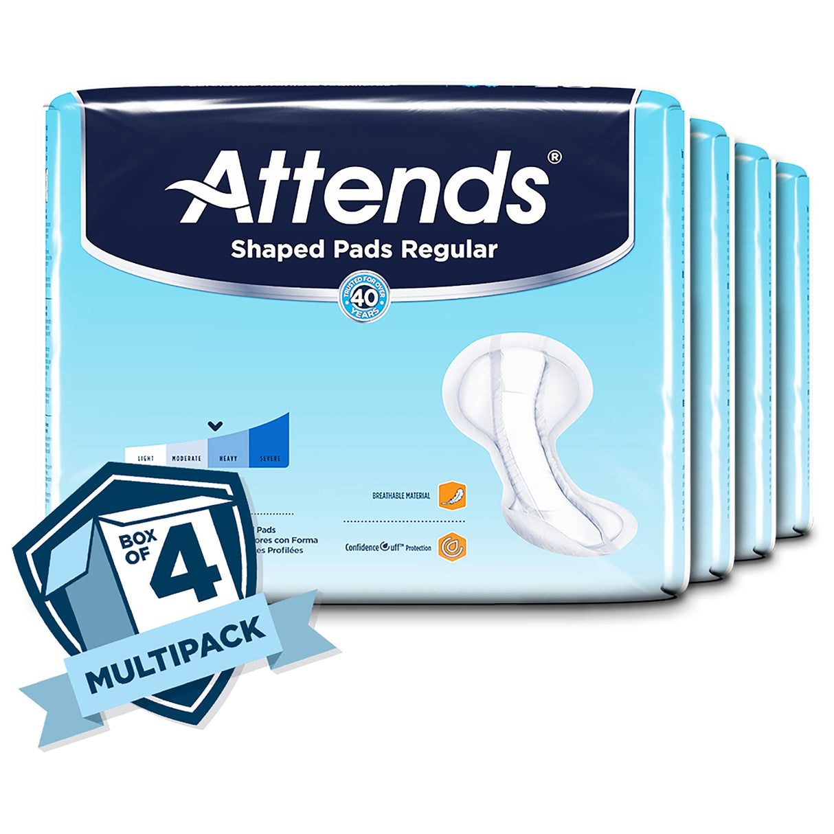 A “Box of 4 Multipack” containing Attends Shaped Pads Regular by Attends is shown. The blue and white packaging displays moderate absorbency incontinence pads.