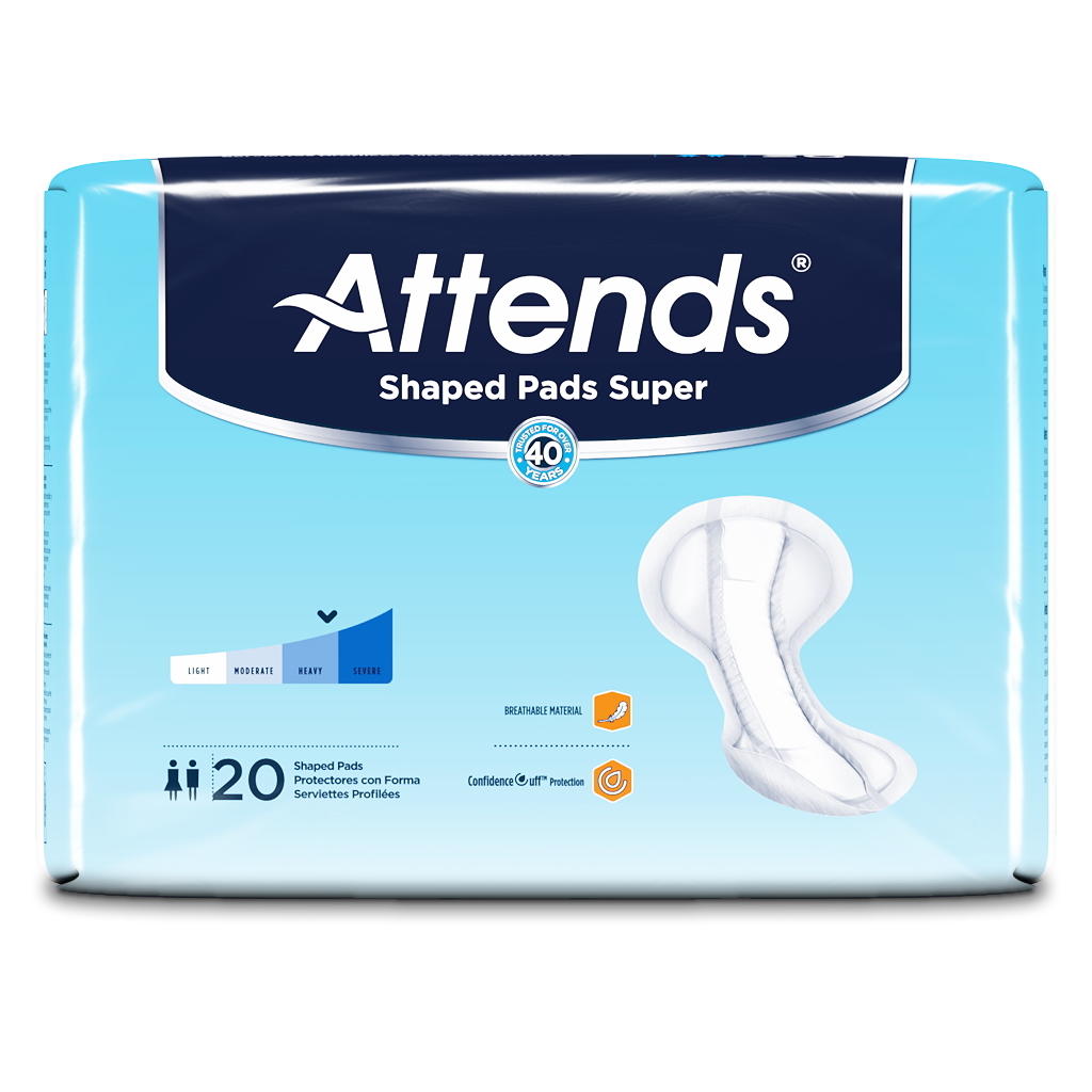 Attends Shaped Pads Super by Attends features a blue design, pad image, absorbency icons, and includes 20 heavy incontinence pads with odor control.
