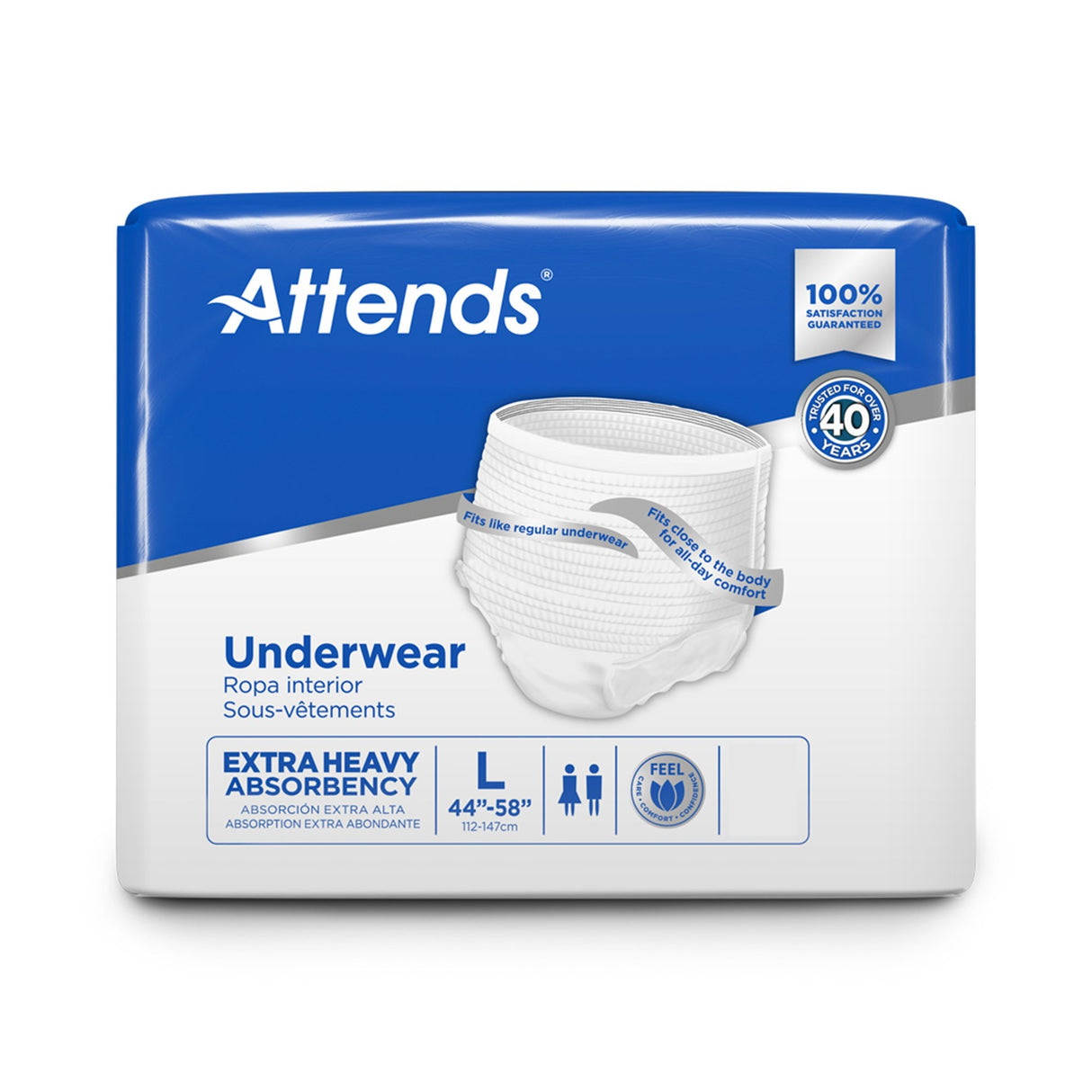 Attends Underwear, Extra Heavy Absorbency by Attends offers incontinence protection. The blue and white pack features male/female icons, a 100% satisfaction guarantee, and over 40 years of trusted experience.