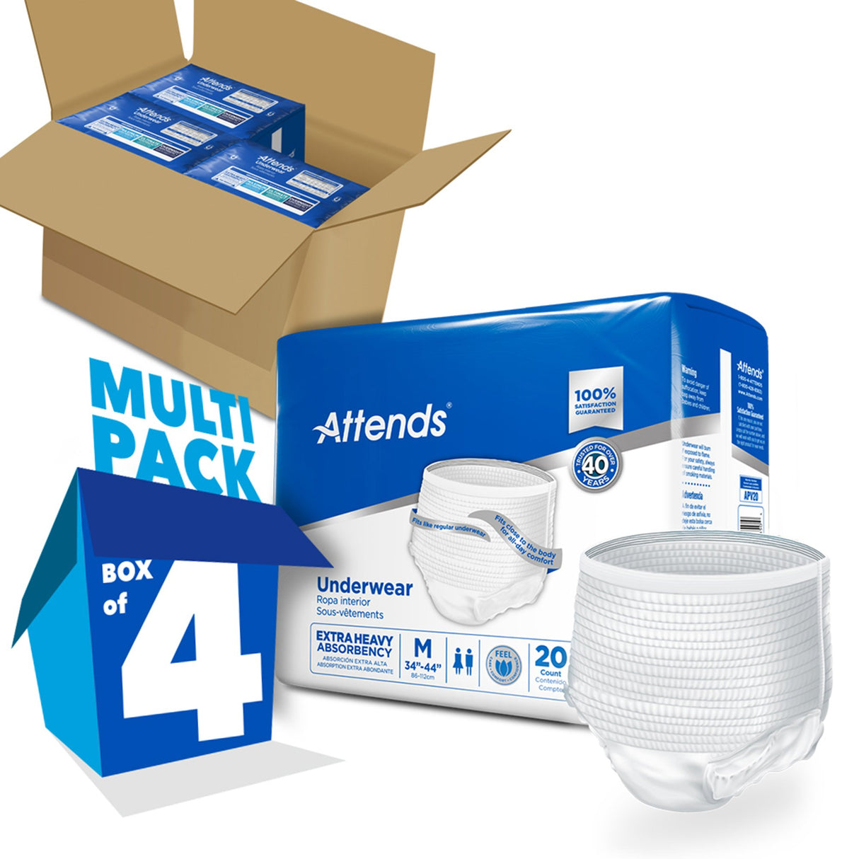 A multipack of Attends Underwear, Extra Heavy Absorbency by Attends for adults is shown with an open box containing four packs, one pack in front, and a single underwear displayed; packaging highlights medium size and reliable protection.