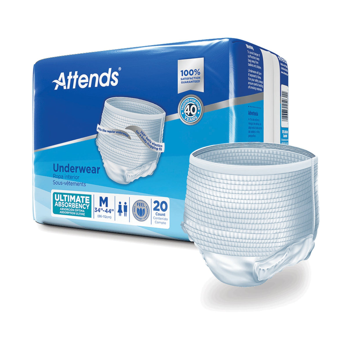 A package of Attends Underwear, Ultimate Absorbency by Attends is shown with one underwear in front. The blue and white pack displays size M, 20 count, leak protection and fit icons, and highlights heavy incontinence protection.
