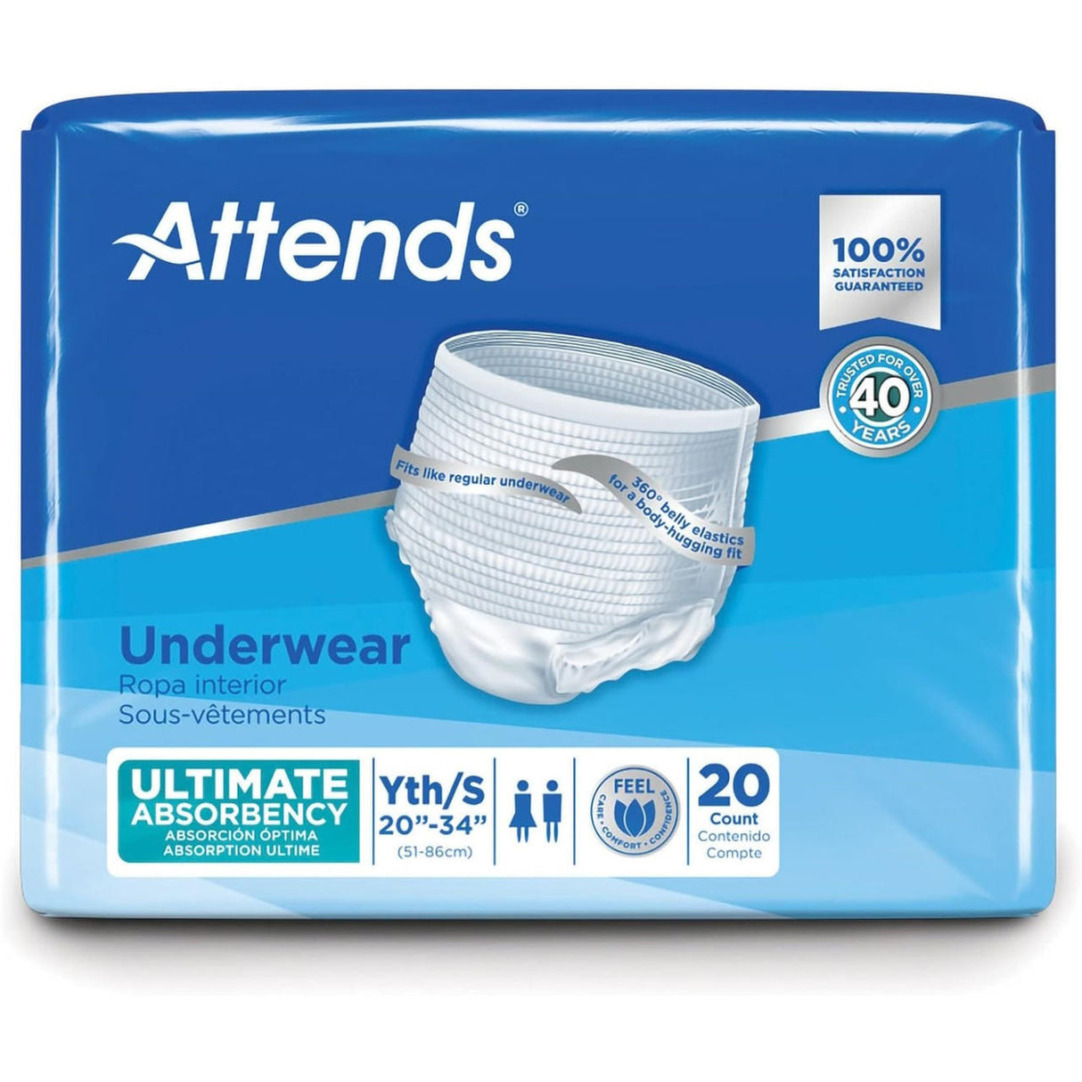 A blue package of Attends Youth Underwear, Ultimate Absorbency, size Youth/Small (20-34), 20 count. Backed by a 100% satisfaction guarantee and over 40 years of Attends expertise in incontinence care.