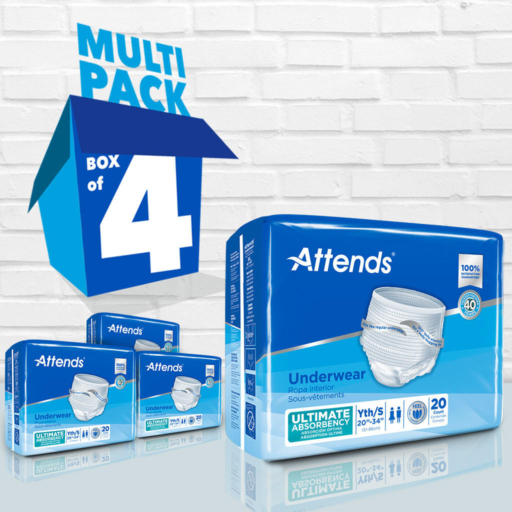 A Box of 4 sits behind four packs of Attends Youth Underwear, Ultimate Absorbency by Attends, each pack containing 20 disposable incontinence underwear, all displayed against a white brick wall.