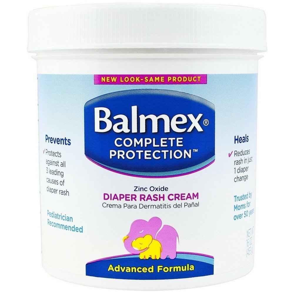 A 16 oz jar of Balmex Diaper Rash Treatment, Scented Ointment. This zinc oxide cream protects and heals diaper rash and is recommended by pediatricians. The label features a purple and yellow baby elephant.