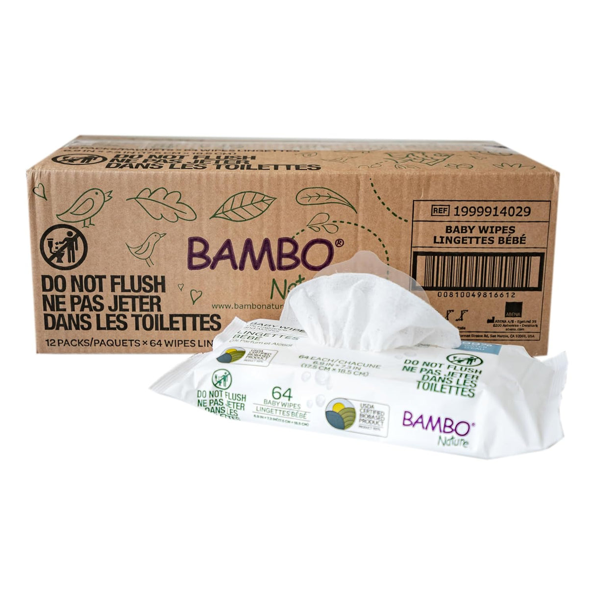 A cardboard box labeled Bambo Nature Baby Wipes, 99% Water, 0% Fragrance and Alcohol (Bambo) stands behind an open pack of 64 gentle wipes. The eco-friendly box warns not to flush Bambo Nature wet wipes down the toilet.