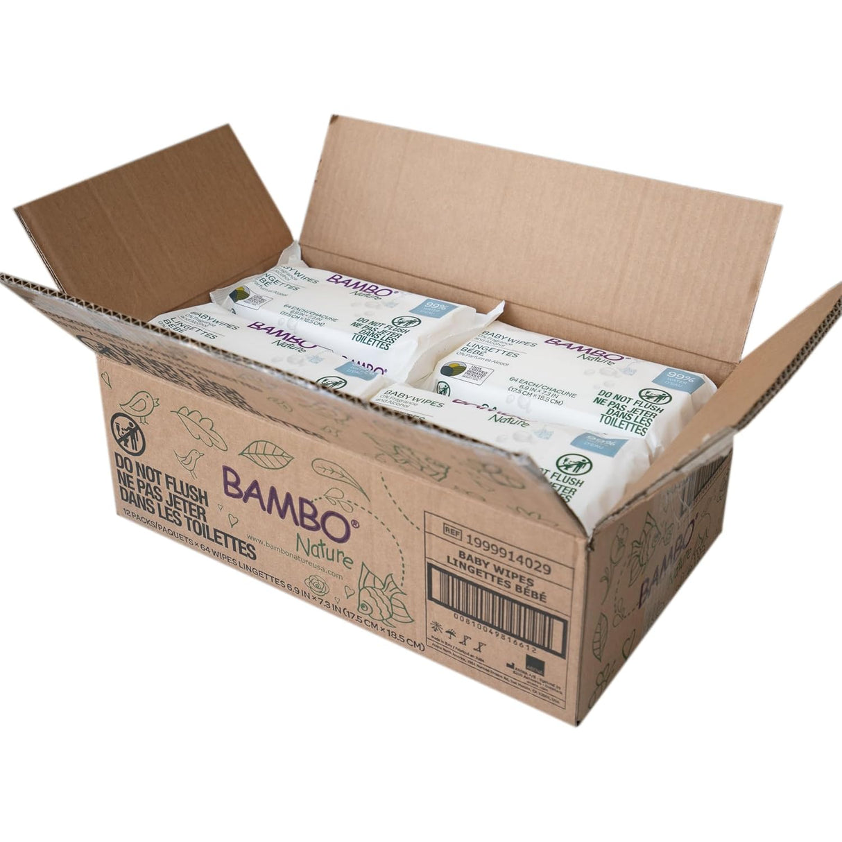 An open Bambo Nature box holds multiple packs of Bambo Nature Baby Wipes, 99% Water, 0% Fragrance and Alcohol, featuring green designs and text about their eco-friendly materials and gentle cleansing.