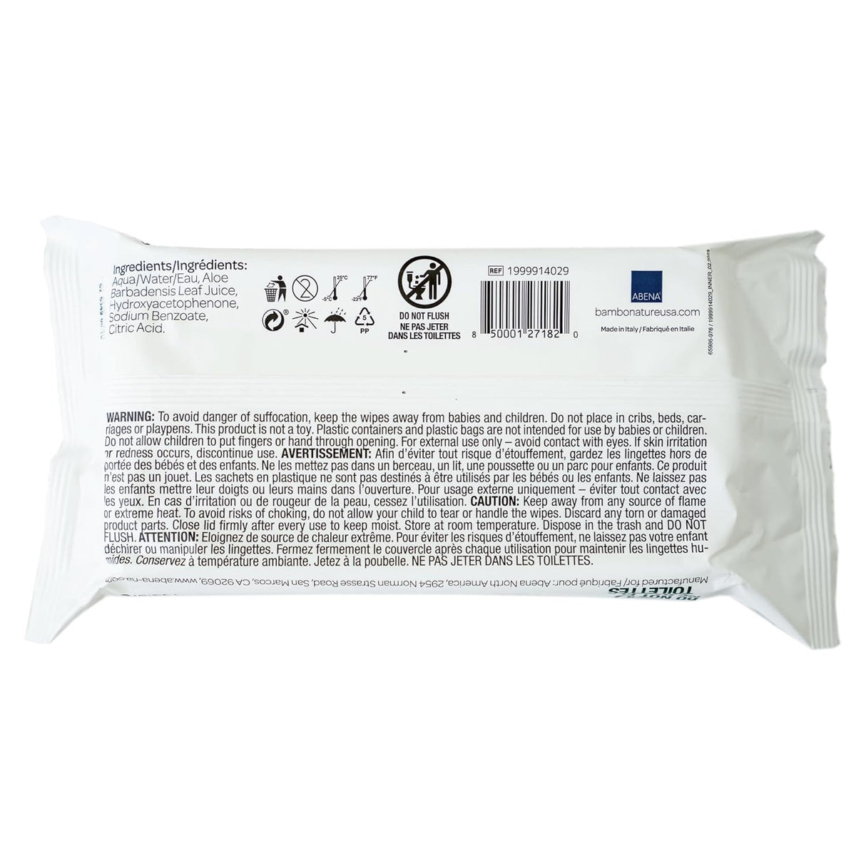 Back of a pack of Bambo Nature Baby Wipes (99% Water, 0% Fragrance and Alcohol) by Bambo shows ingredients, warnings, gentle cleansing and disposal instructions. Symbols advise not to flush. Barcode and contact info are at the top right.