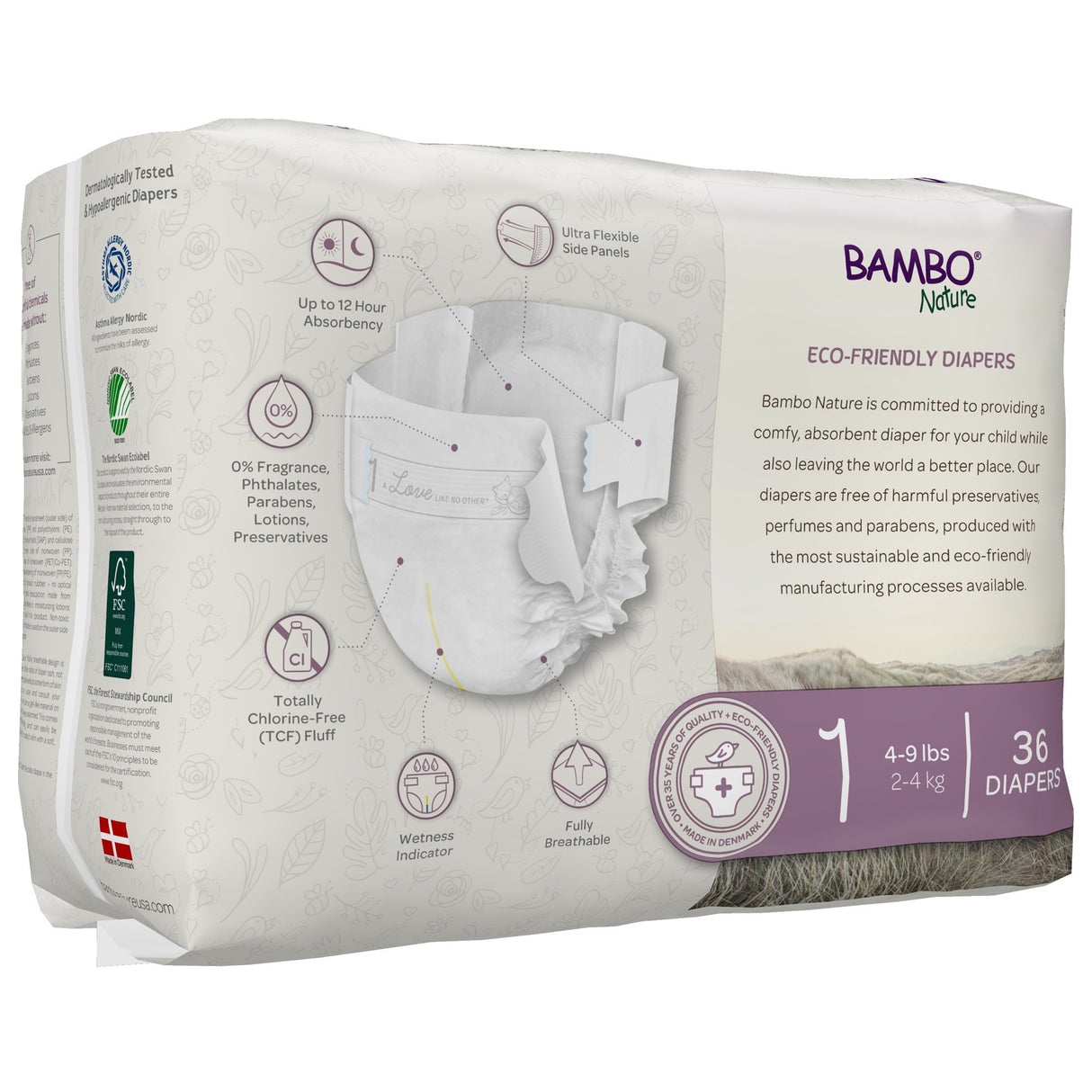 Bambo Nature Dream Eco-Friendly Baby Diapers, Size 1 (4-9 lbs), by Bambo, offer a super-absorbent core with up to 12-hour absorbency, ultra-flexible sides, and 0% fragrance or parabens. Each pack contains 36 hypoallergenic diapers.