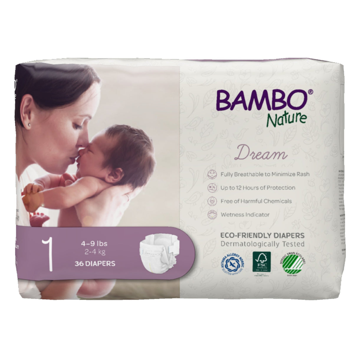 A pack of Bambo Nature Dream Eco-Friendly Baby Diapers, Size 1 (4–9 lbs), by Bambo. Contains 36 hypoallergenic diapers with a super-absorbent core for rash protection and chemical-free care.