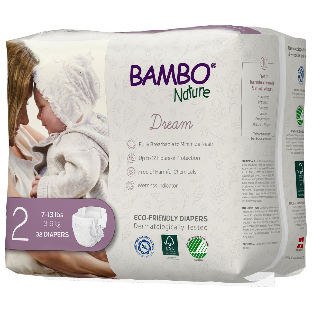 Bambo Nature Dream Eco-Friendly Baby Diapers, Size 2 by Bambo, fit babies 7–13 lbs (3–6 kg). Each package contains 32 super-absorbent diapers and highlights rash protection and care for sensitive skin on the packaging.