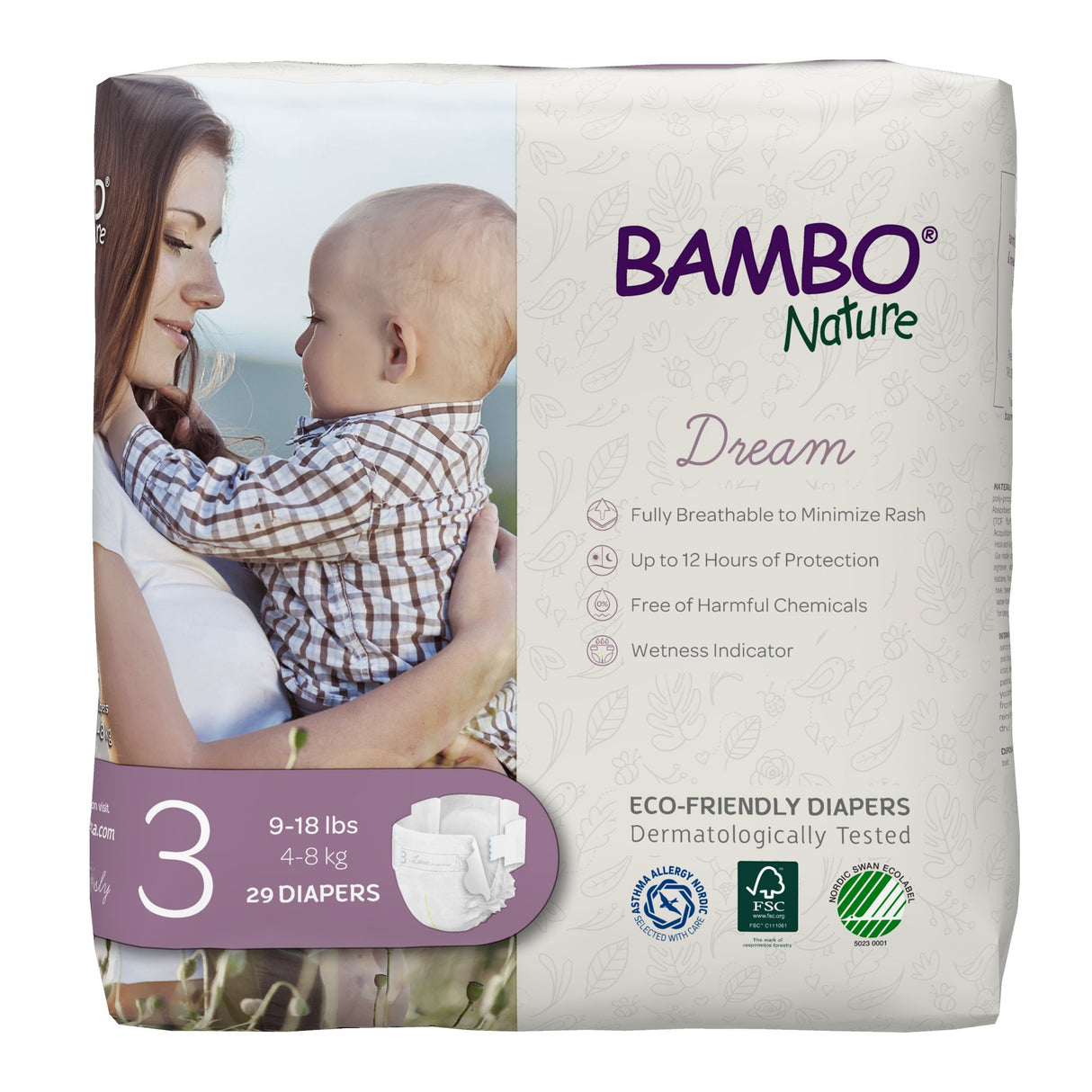 A pack of Bambo Nature Dream Eco-Friendly Baby Diapers, Size 3 (9-18 lbs), by Bambo, featuring a mom and baby, offers a super-absorbent core, breathable design, up to 12-hour protection, and is dermatologically tested.