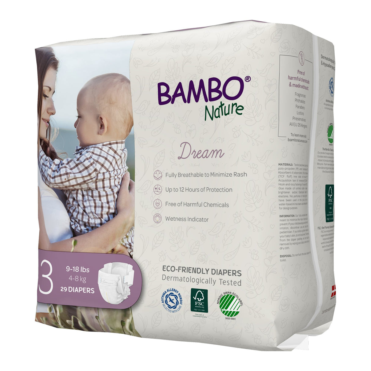 Bambo Nature Dream Eco-Friendly Baby Diapers, Size 3 (9-18 lbs), 29 count, by Bambo. The pack highlights rash prevention, a super-absorbent core, and up to 12 hours of protection, with packaging showing a mother holding her baby.