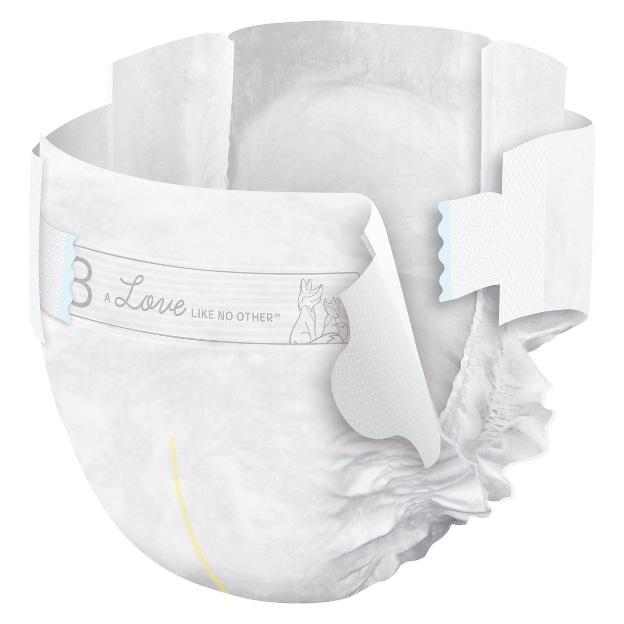The Bambo Nature Dream Eco-Friendly Baby Diapers, Size 3, by Bambo feature soft white material, adjustable tabs, elastic leg cuffs, a super-absorbent core, and a subtle animal illustration with “Love like no other” on the waistband.