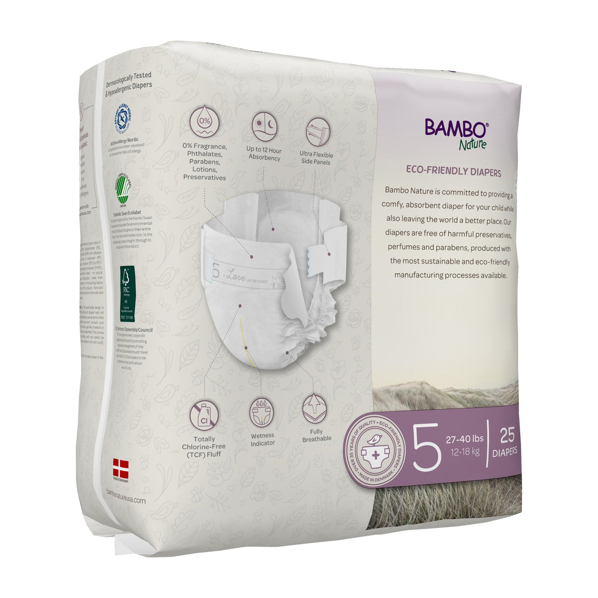 Bambo Nature Dream Eco-Friendly Baby Diapers, Size 5 (27-40 lbs), 25 count—features a super-absorbent core, up to 12-hour protection, breathable design for sensitive skin, and eco-friendly certifications.