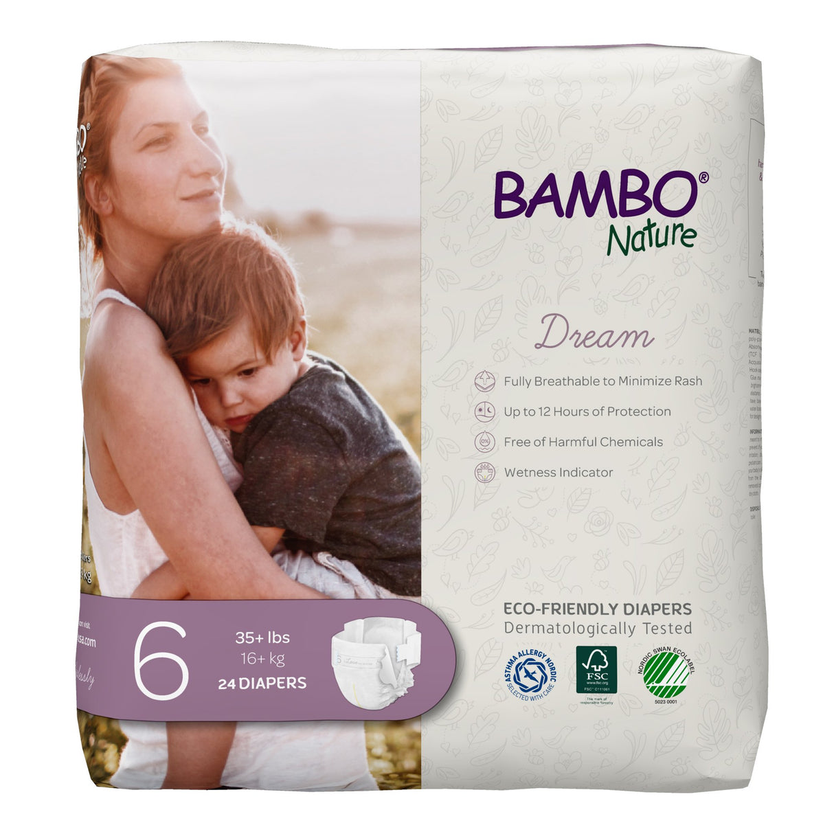 Bambo Nature Dream Eco-Friendly Baby Diapers, Size 6 (35+ lbs/16+ kg) by Bambo offer breathability, rash protection, a super-absorbent core, and come with 24 diapers per pack. Features packaging with a woman holding a young child outdoors.