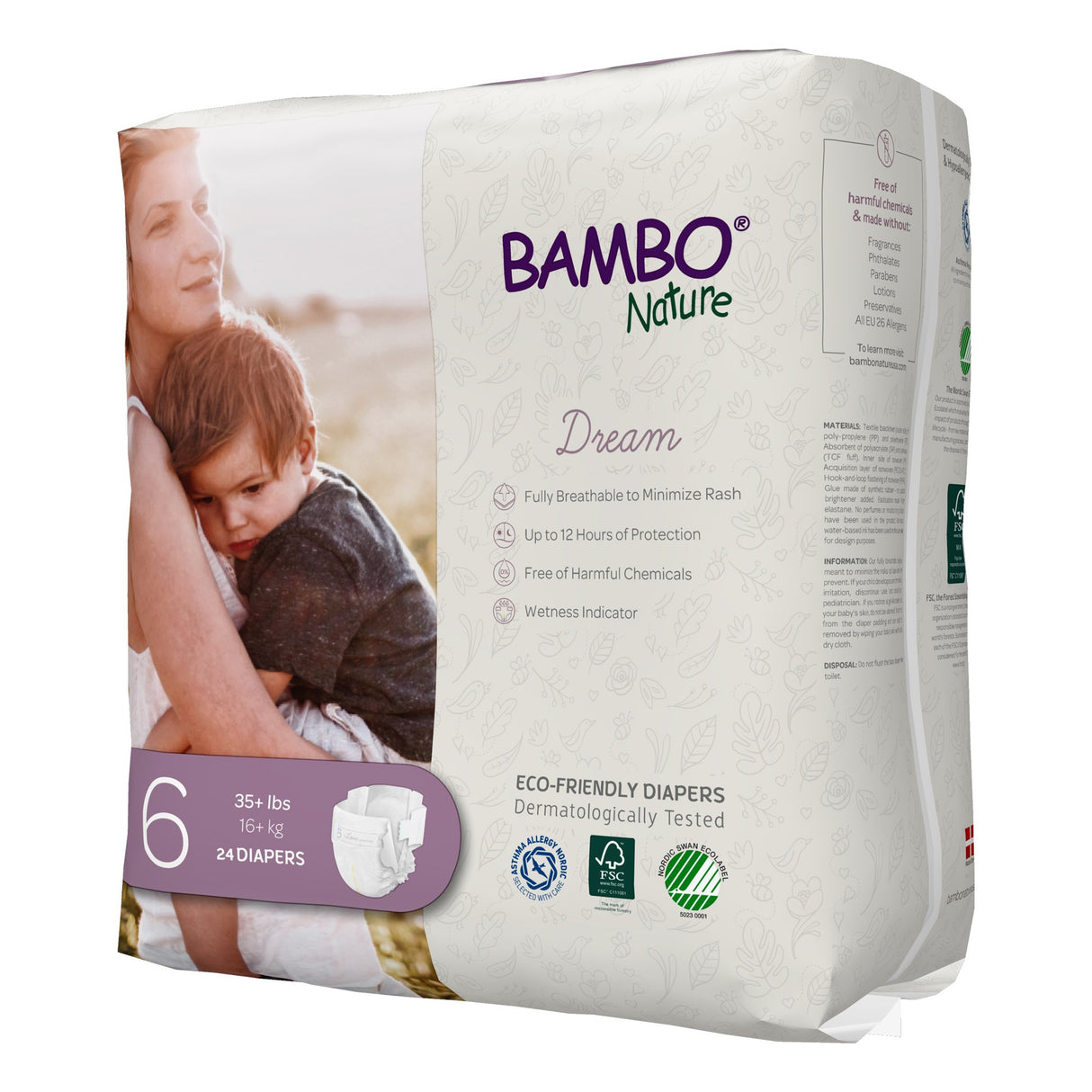 A package of Bambo Nature Dream Eco-Friendly Baby Diapers, Size 6 by Bambo (35+ lbs, 16+ kg) includes 24 diapers and features a super-absorbent core, wetness indicator, breathability, and up to 12 hours of protection.