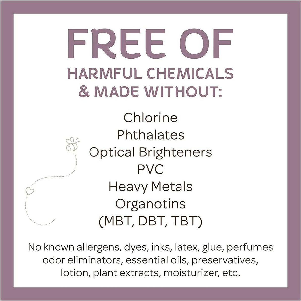 A sign states that Bambo Nature Dream Eco-Friendly Baby Diapers, Size 3 by Bambo are free of harmful chemicals like chlorine, phthalates, optical brighteners, PVC, heavy metals, organotins, dyes, inks, latex, perfumes, and preservatives.