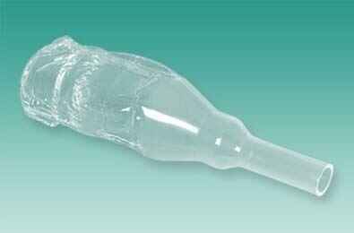 The Bard Spirit 2 Male External Catheter by BARD features a clear plastic, moisture-wicking design with a tubular extension and self-adhesive seal, shown against a gradient teal background.