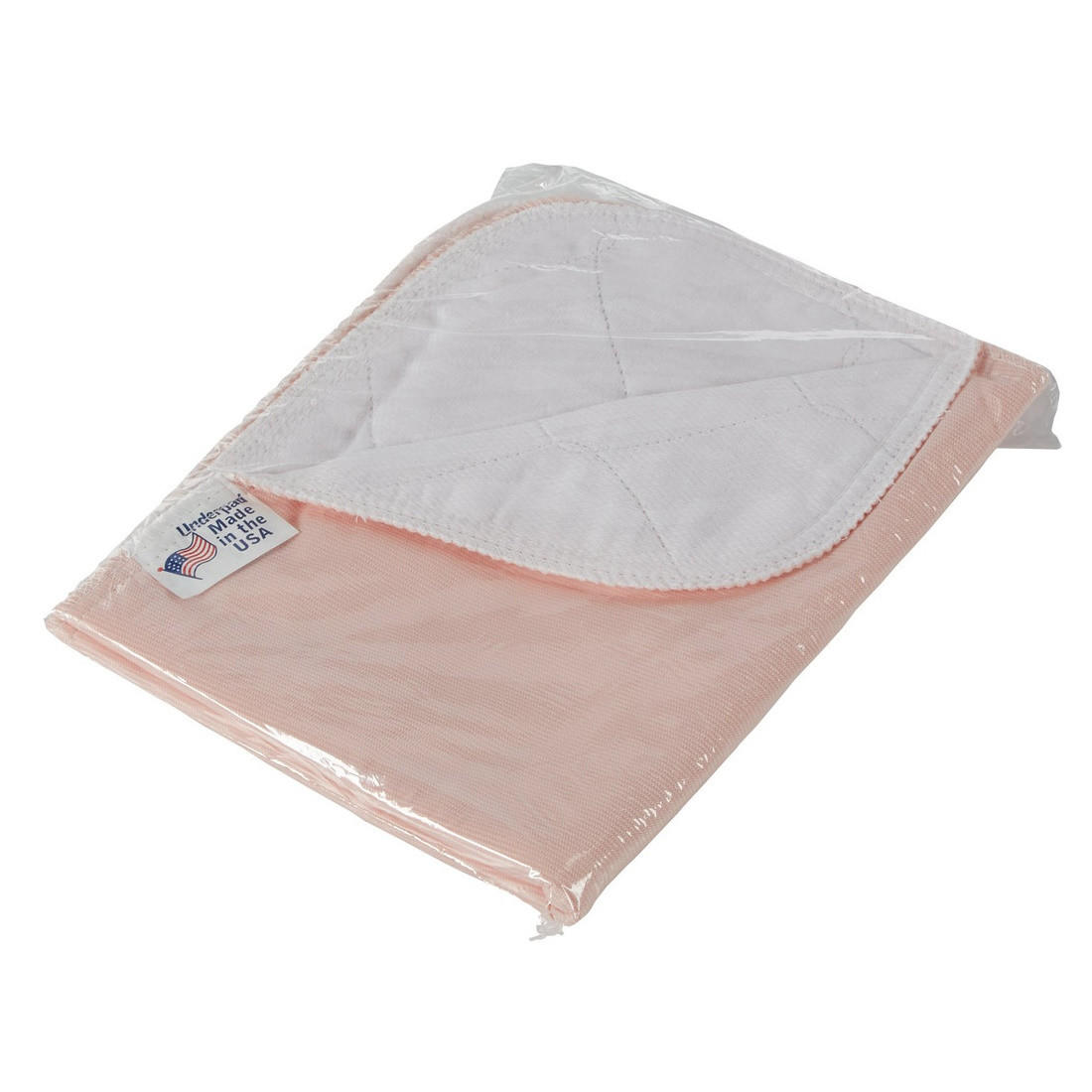 The Becks Classic Birdseye Reusable Underpad has a quilted top, pink backsheet, and is packaged in clear plastic with a Made in USA tag and flag. Designed for heavy absorbency and repeated use by Becks Classic.