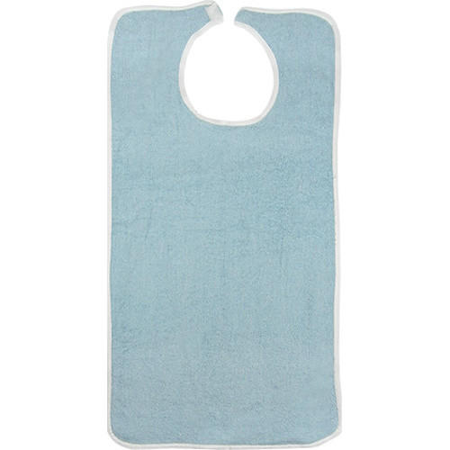 The Becks Classic Terry Adult Bib by Becks Classic is a light blue, soft terry cloth bib with a rounded neckline and white trim. It covers the chest and lap for meal protection and has an easy hook-and-loop closure.