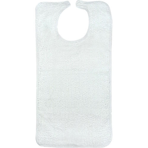 The Becks Classic Terry Adult Bib by Becks Classic is a plain white, adult-sized terry cloth bib with a rounded neck, straight edges, and hook-and-loop closure for easy wear, offering chest and upper torso protection while eating.