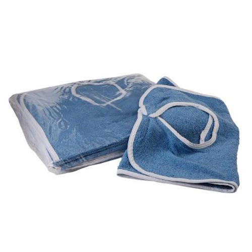 Two blue terry cloth hooded towels with white trim—one folded in clear packaging, the other partially unfolded to showcase the hood—perfectly complement a Becks Classic Terry Adult Bib by Becks Classic.