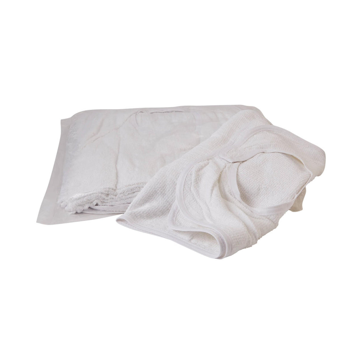 A folded and an unfolded Becks Classic Terry Adult Bib by Becks Classic, both made of soft, textured white terry cloth, are placed side by side on a white surface.