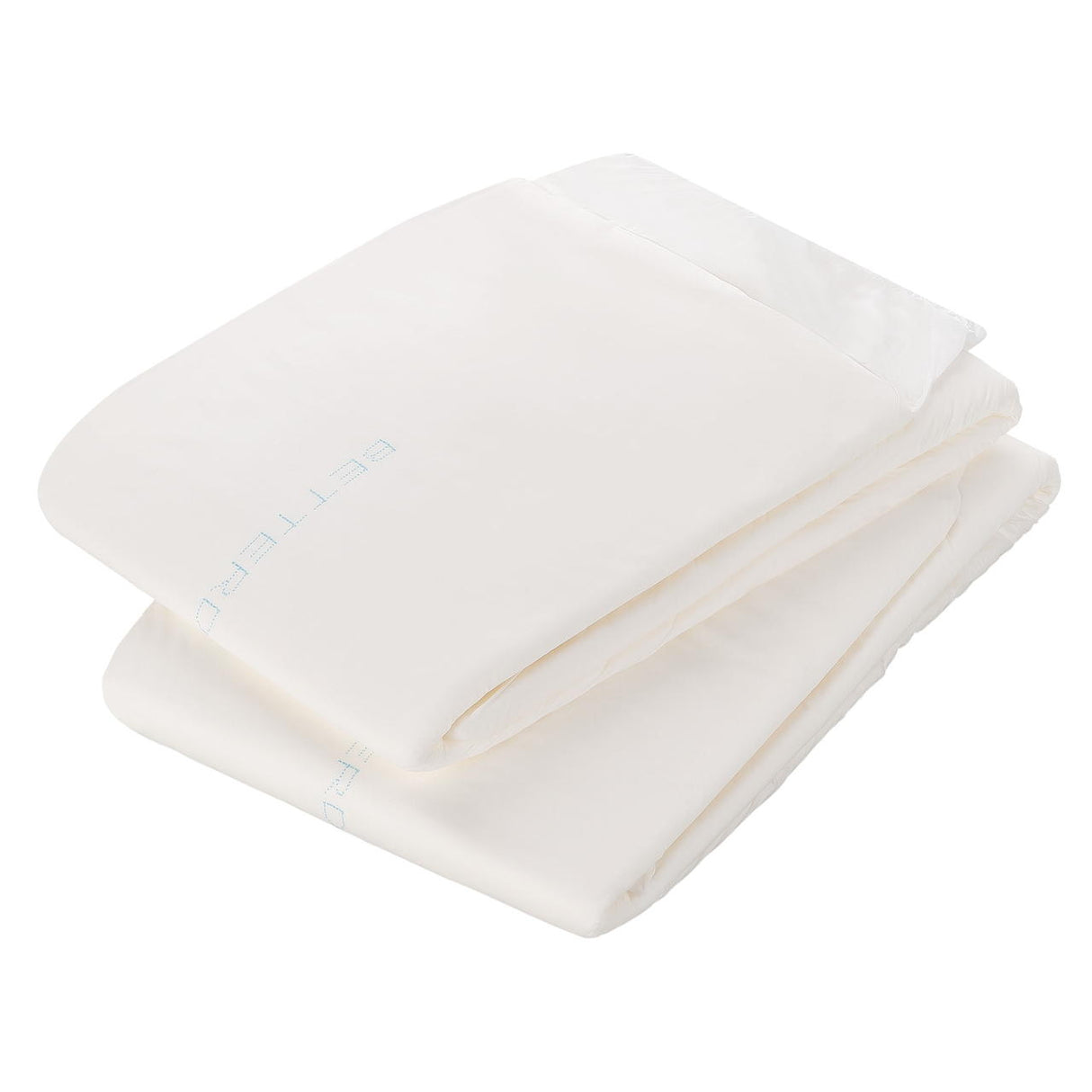 A neatly folded white bedsheet with a subtle light blue logo sits on a plain white background—ideal to pair with BetterDry Day Adult Diapers w/ Plastic Backing from BetterDry.