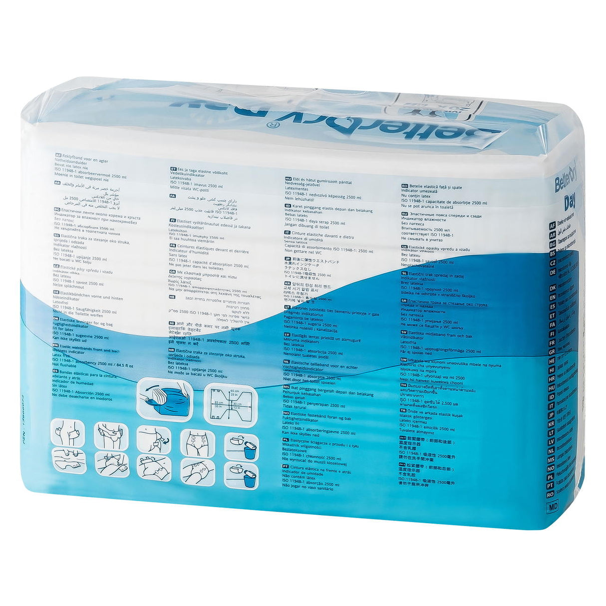 A package of BetterDry Day Adult Diapers w/ Plastic Backing by BetterDry, in blue and white packaging, includes multilingual instructions and diagrams on the back for proper use and disposal of these heavy absorbency adult diapers.