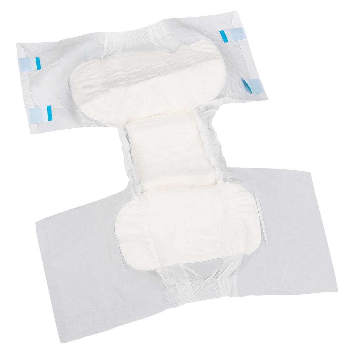 An open, unused BetterDry Day Adult Diapers w/ Plastic Backing by BetterDry, with absorbent core, side wings, and adhesive tabs for fastening, designed for heavy absorbency, shown on a white background.