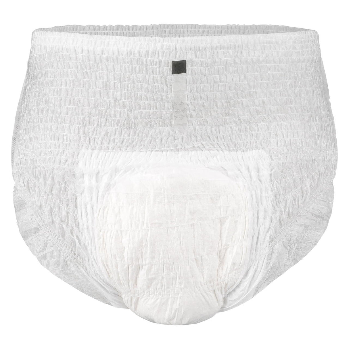 A white BetterDry Overnight Maximum Pull-On Adult Diaper by BetterDry, featuring an elastic waistband, leg openings, and high absorbency, is shown on a plain white background with a small rectangular indicator on the front.