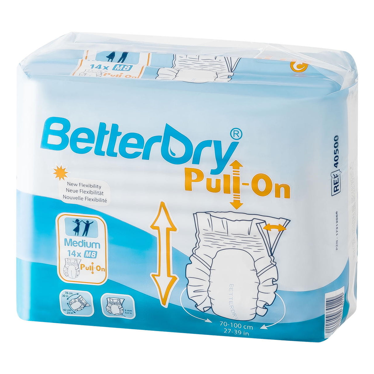 A package of BetterDry Overnight Maximum Pull-On Adult Diapers, size medium, with product illustrations, comfort and flexibility icons, and text showing 14 high-absorbency diapers for waist sizes 27-39 inches.