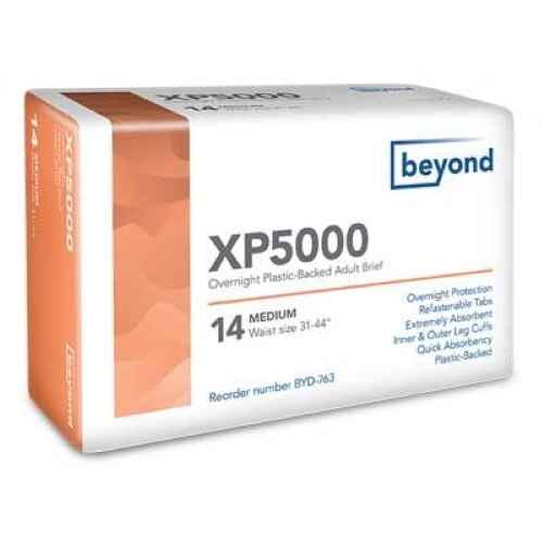 A 14-count pack of Beyond XP5000 Adult Diapers with plastic backing by Beyond, medium size (waist 31–44), offers maximum absorbency, refastenable tabs, and secure overnight protection.