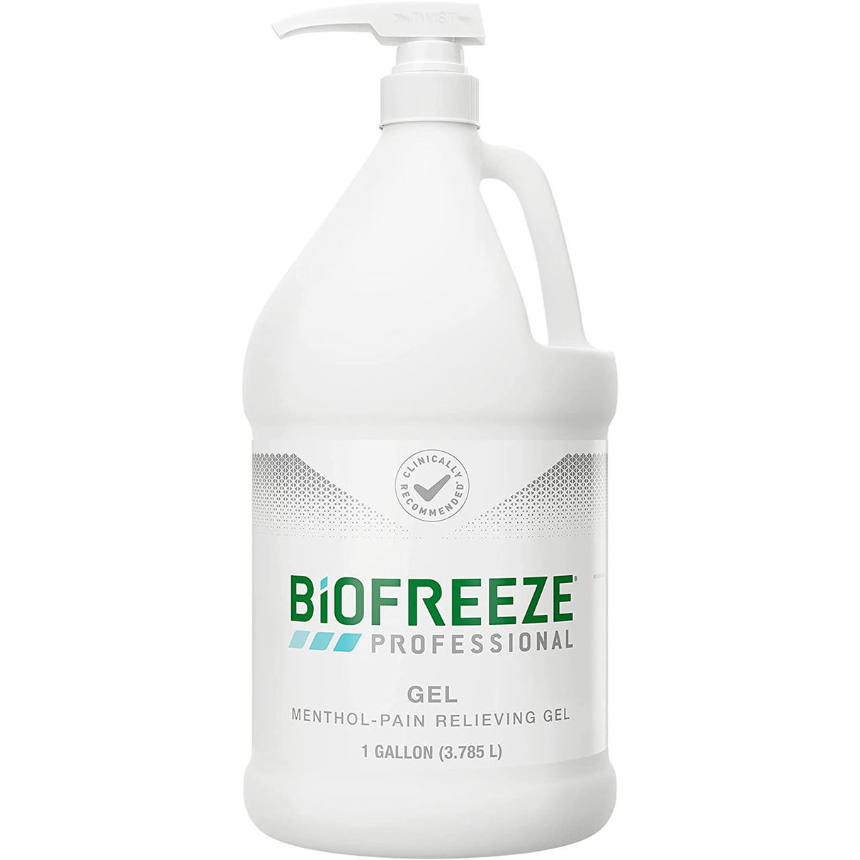 A large white pump bottle labeled Biofreeze Professional Pain Relief Gel, 1 gallon, by Biofreeze, featuring a silver and green design and a clinically recommended seal.