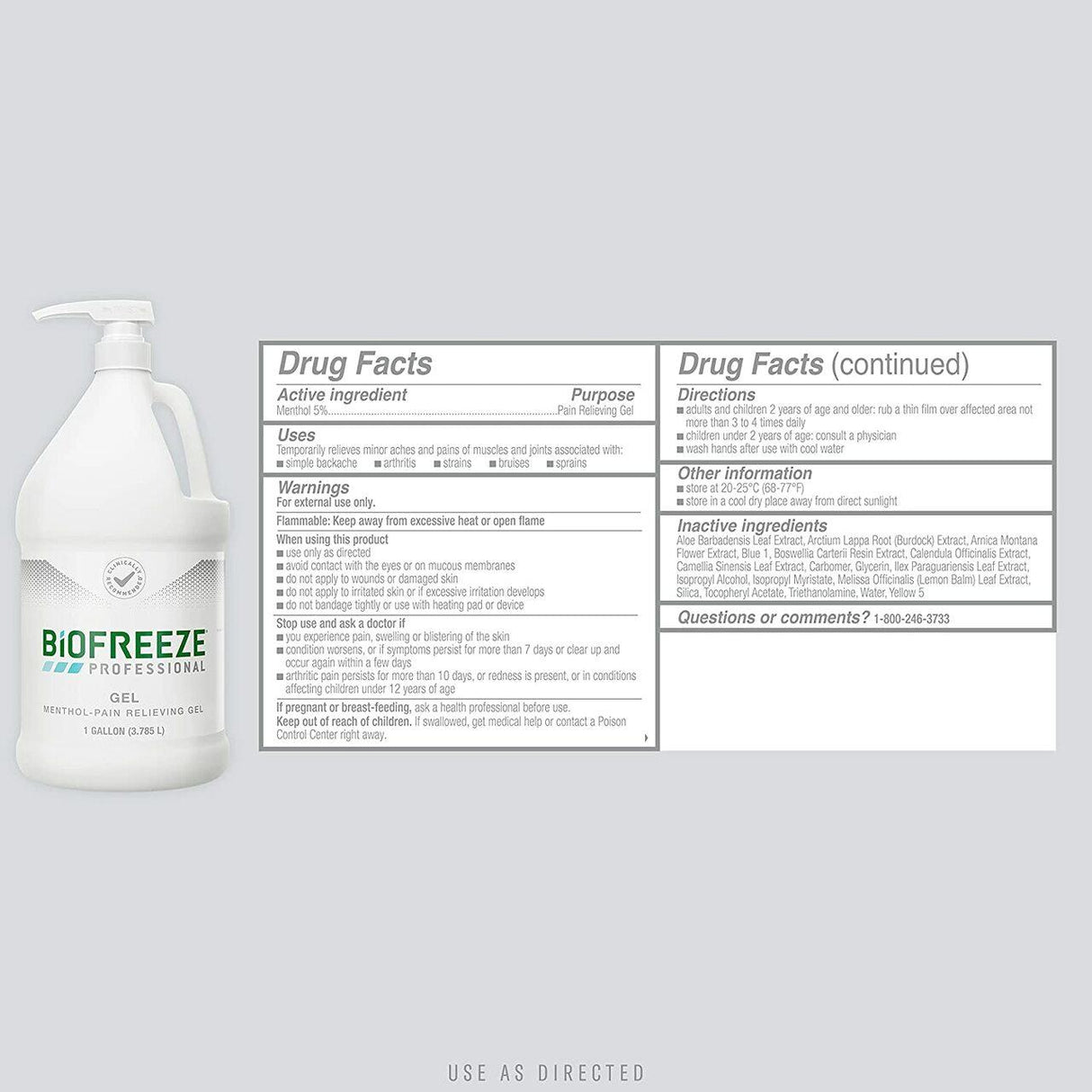A Biofreeze Professional Pain Relief Gel, 1 Gallon Pump by Biofreeze is shown beside its Drug Facts label, listing menthol as the active ingredient, uses for arthritis pain relief, warnings, directions, and inactive ingredients.