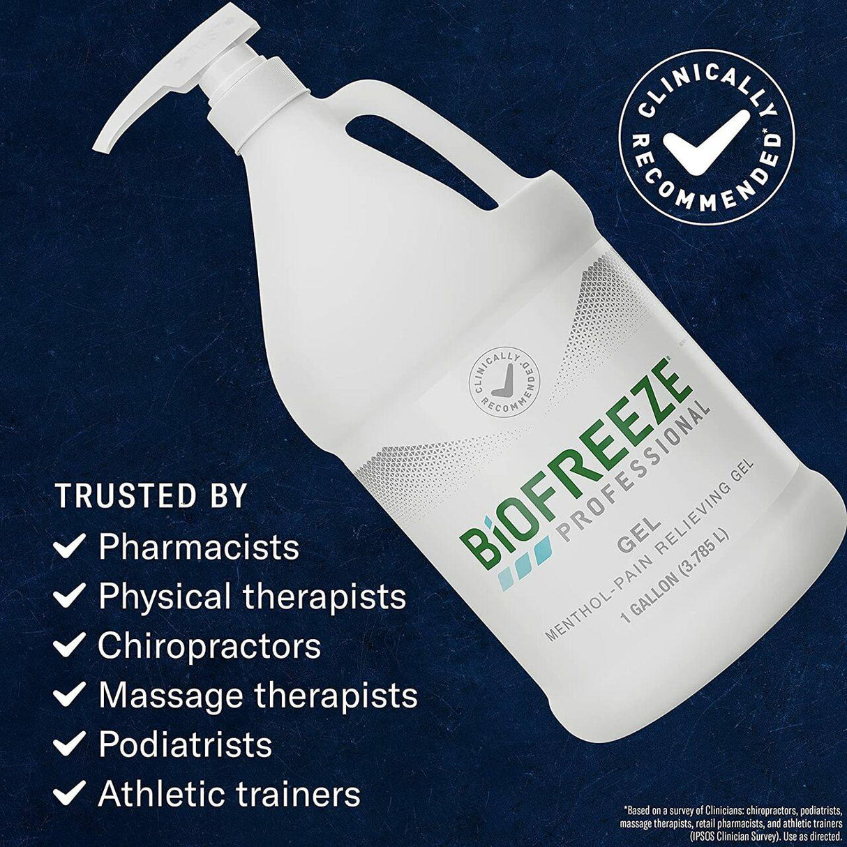 A 1-gallon pump of Biofreeze Professional Pain Relief Gel sits on a dark blue background, highlighted as clinically recommended and trusted by pharmacists, therapists, chiropractors, podiatrists, and athletic trainers.