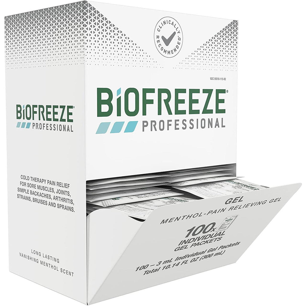 An open box of Biofreeze Professional Pain Relief Gel, Individual Packets by Biofreeze reveals single-use gel packs for topical pain relief and cold therapy for muscles and joints. The white box features green text.
