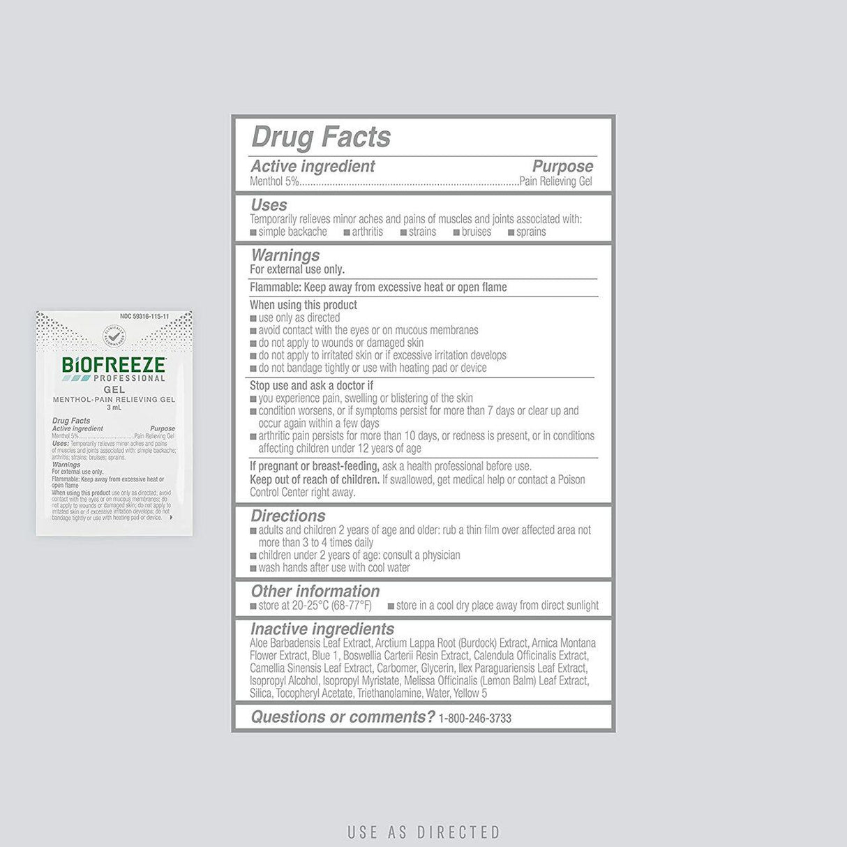 The Biofreeze Professional Pain Relief Gel, Individual Packets drug facts label shows uses, warnings, directions, ingredients, and contact info in black on white. A Biofreeze topical pain relief gel packet is pictured on the left. Brand: Biofreeze.