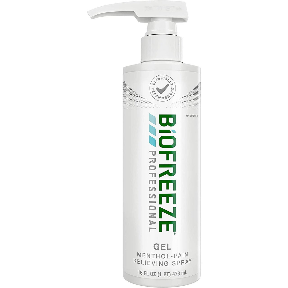 A green bottle of Biofreeze Professional Pain Relief Gel, 16 oz pump, from Biofreeze, clinically recommended for topical pain relief.