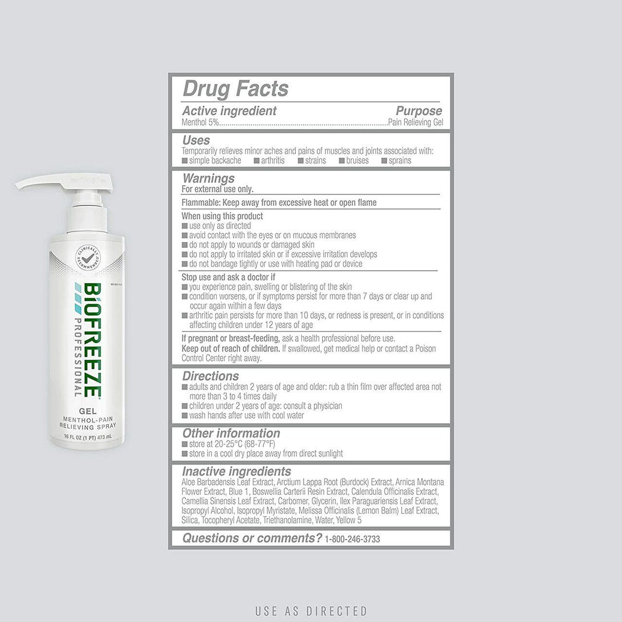 A 16 oz pump bottle of Biofreeze Professional Pain Relief Gel, Green by Biofreeze is pictured beside its drug facts label detailing the active ingredient, arthritis pain relief uses, warnings, directions, inactive ingredients, and customer service number.