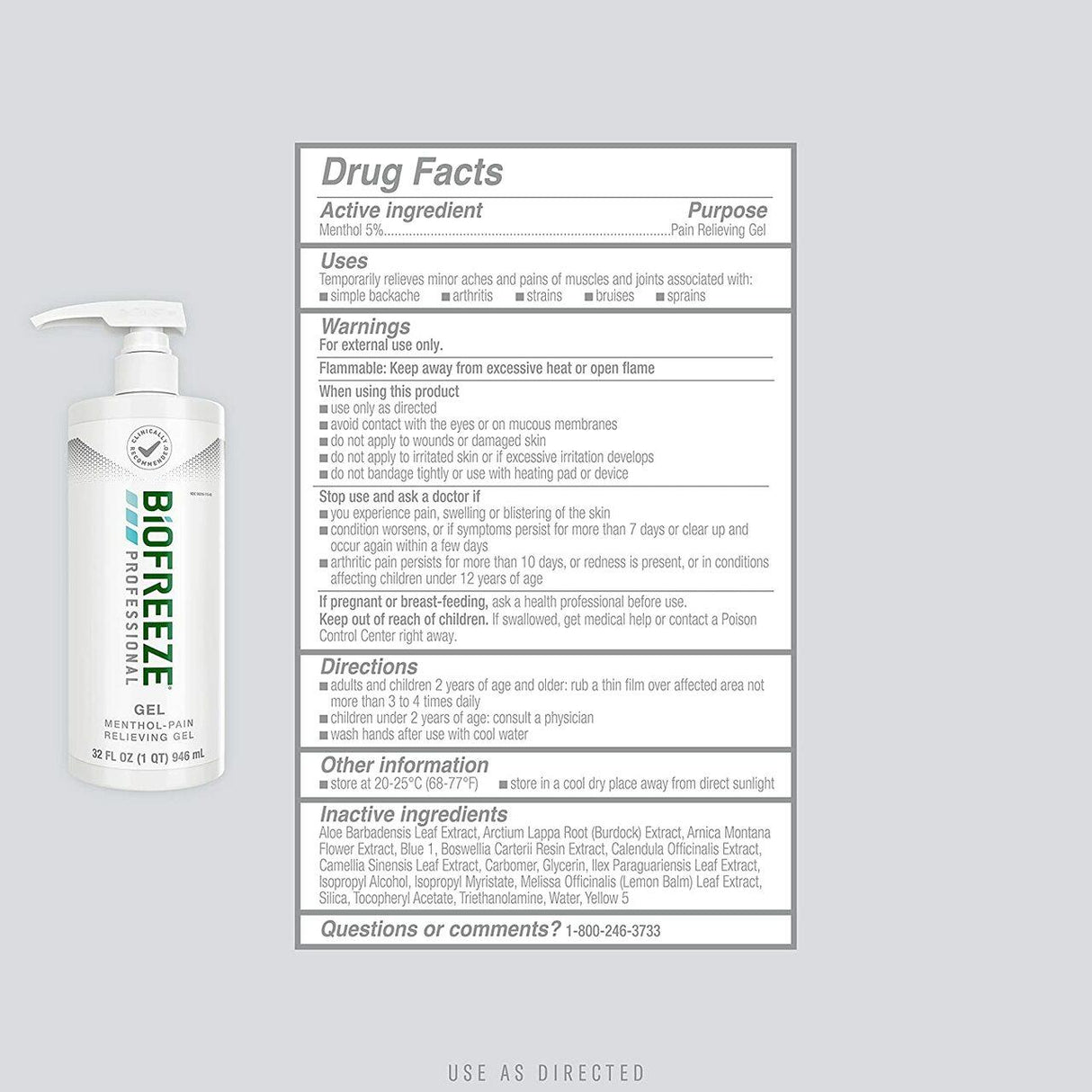A 32 oz pump bottle of Biofreeze Professional Pain Relief Gel by Biofreeze displays its drug facts label, listing menthol 5% as active ingredient, arthritis pain relief uses, warnings, directions, storage instructions, and USE AS DIRECTED.