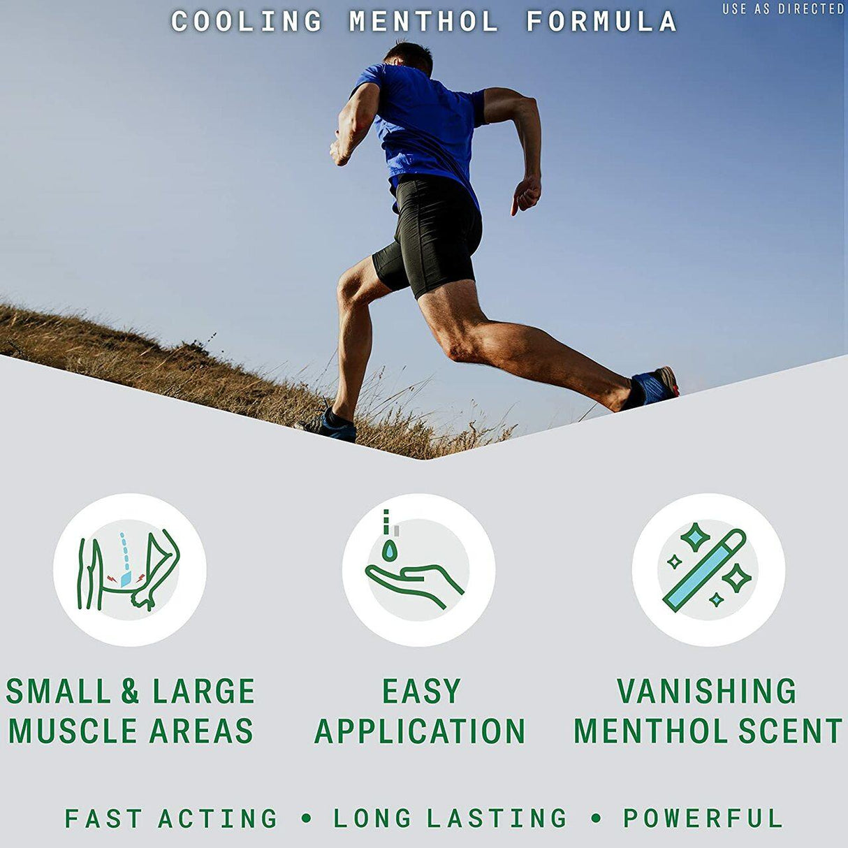 A person in athletic wear runs on grass under a blue sky. Icons show Biofreeze Professional Pain Relief Gel treats muscles, is easy to apply, vanishes quickly. Text highlights fast, powerful, long-lasting arthritis pain relief. 32 oz pump by Biofreeze.