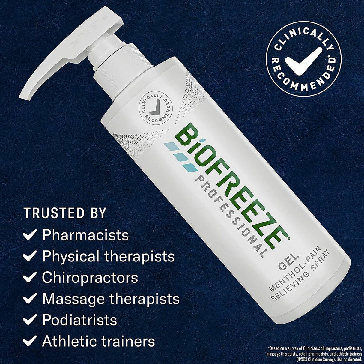 A 32 oz pump of Biofreeze Professional Pain Relief Gel is shown with text stating it’s clinically recommended for topical pain relief and trusted by pharmacists, physical therapists, chiropractors, massage therapists, podiatrists, and athletic trainers.